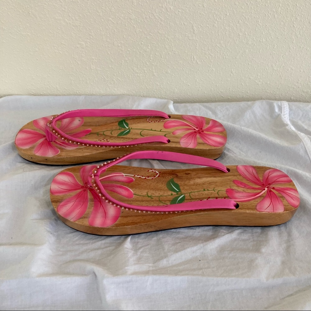 Wooden sandals with painted flowers Hibiscus Tropical Hawaii Polynesian Size XL - Picture 6 of 14
